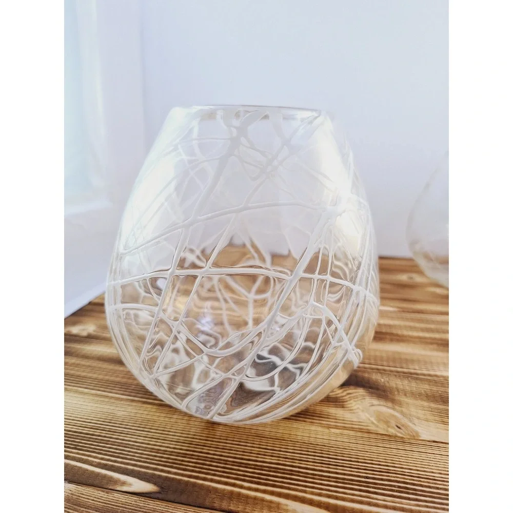 Set of 2 Lg‎ Hand Blown Glass White Spaghetti Drizzle Votive Candle Holder 6